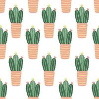 bloeiende cactus kamerplanten naadloze patroon op wit. hand getekend platte vectorillustratie. potplanten. geweldig voor stoffen, inpakpapier, behang, covers. vector