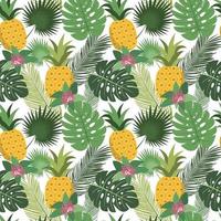 zomer groene tropische palm, monstera bladeren, ananas en bloemen naadloos patroon. geïsoleerd op een witte achtergrond. vector