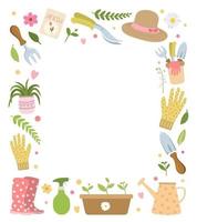 rechthoekig frame met tuingereedschap, kleding, bloemen, planten. geïsoleerd op een witte achtergrond. perfect voor briefpapier, posters, plakboeken, textielontwerp. vector