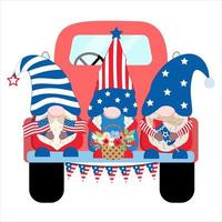 groep amerikaanse patriottische kabouters op een vrachtwagen, amerikaanse patriottische dag partij kabouters in usa vlag kleuren met bloemen, vuurwerk, vlaggen in handen voor onafhankelijkheidsdag partij. vector illustratie