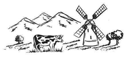 berglandschap. koe in het zwart. windmolen. schets stijl, vectorillustratie. vector