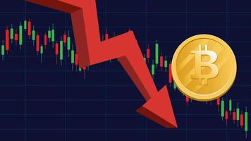 bitcoin-valuta daalt. bitcoin op rode grafiek. bitcoin crashende achtergrond met rode achtergrond en afnemende grafieken. vector