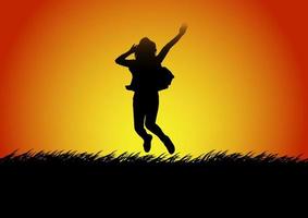 silhouetten gelukkige springende vrouwen met het licht van de zonsondergang op de achtergrond, vectorillustratie vector