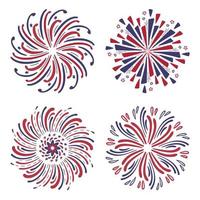 handgetekende vuurwerkset, rode en blauwe kleur van de amerikaanse vlag voor 4 juli. festival vuurwerk explosies. ontwerp element vector collectie geïsoleerd op een witte achtergrond.