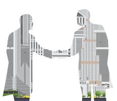 dubbele blootstelling handdruk zakenman op de skyline van de stad achtergrond. vector
