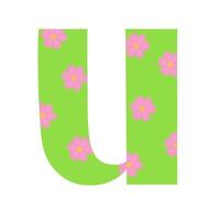 hoofdstad helder groen versierd met lente bloemen hand getekende letter u van Engelse alfabet eenvoudige cartoon stijl vectorillustratie, kalligrafische abc, schattig grappig handschrift, doodle en belettering vector