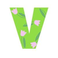 hoofdstad helder groen versierd met lente bloemen hand getekende letter v van Engelse alfabet eenvoudige cartoon stijl vectorillustratie, kalligrafische abc, schattig grappig handschrift, doodle en belettering vector