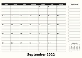 september 2022 maandelijkse zakelijke bureaukalender. vector