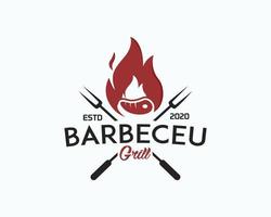 barbecue restaurant - logo icoon van barbecue, grill en bar met vuur, grillvork en spatel. barbecue-logo sjabloon. vector illustratie