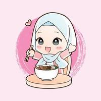 schattig moslim meisje eet halal ramen noedels voedsel hand getekende cartoon kunst illustratie. mascotte logo vector stijl