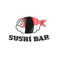 sushi roll met garnalen met de inscriptie sushi bar. het concept-logo van een sushibar, Aziatisch fastfood. vector geïsoleerde Japanse keuken illustratie.