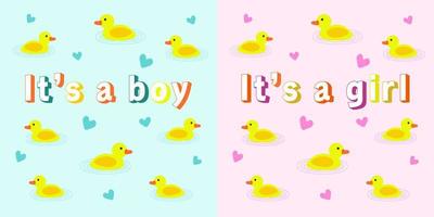 het is een jongen, het is een meisje. groet voor een pasgeboren baby. eendjes en kleine harten. grafisch ontwerp. vector