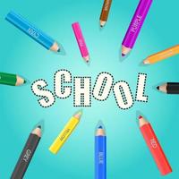 kleurrijke houten potloden die het woord school inkleuren. namen van kleuren - wit, zwart, grijs, bruin, roze, paars, blauw, cyaan, groen, geel, oranje, rood. blauwe achtergrond. vector illustratie