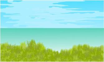 gras strand met blauwe lucht achtergrond, uitzicht op het strand met groen gras vector