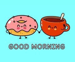 leuke, grappige vrolijke kop koffie en roze donutkarakter. vector hand getekend kawaii stripfiguren, illustratie pictogram. grappige cartoon kopje koffie en roze donut vrienden concept