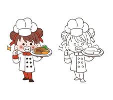 schattig jong chef-kokmeisje glimlachend en met een japanse hamburg.cartoon vectorkunstillustratie vector