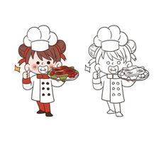 schattige jonge chef-kok meisje glimlachend en met een varkensvlees steak.cartoon vector kunst illustratie