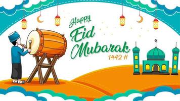 gelukkige eid mubarak islamitische achtergrond met drummerillustratie vector