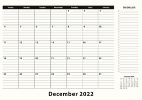 december 2022 maandelijkse zakelijke bureaukalender. vector