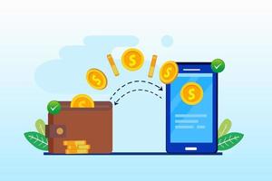 online transactie, overschrijving, betalingsgeld, technologie voor mobiel bankieren. platte vectorsjabloonstijl geschikt voor webbestemmingspagina, achtergrond vector