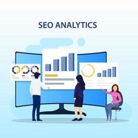 seo-analyseteam, rangschikking van zoekmachines, seo-succes, seo-optimalisatie, illustratie met pictogrammen en karakter. platte vectorsjabloonstijl geschikt voor webbestemmingspagina's. vector