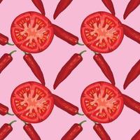 tomaat en rode chili naadloos patroonontwerp op roze achtergrond vector