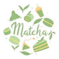 matcha-thee. matcha thee, poeder, macaron, taart, bladeren. vectorillustratie. poster van de matcha. vector