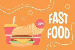 flyer met fastfcd. Franse frietjes en hamburger poster. kortingen op straatvoedsel. vectorillustratie. vector