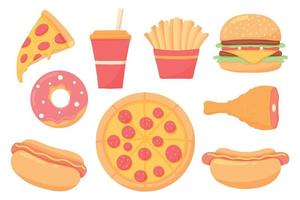 fastfood-set. verzameling van straatvoedsel. pizza, hamburger, hotdog, frietjes, donut, drink.vector set. clip art fastfood maaltijd. vector