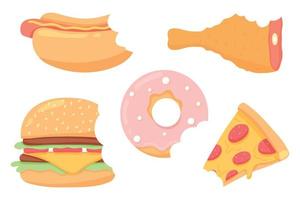 fastfood-set. verzameling van straatvoedsel. pizza, hamburger, hotdog, frietjes, donut, drink.vector set. clip art fastfood maaltijd.