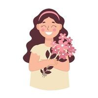 klein meisje met een boeket bloemen. wenskaart voor internationale vrouwendag, verjaardag. vectorillustratie met mensen vector