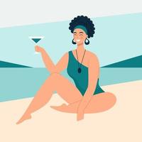 mooie vrouw met cocktail op het strand, geweldig design voor elk doel. vakantie zomer strand achtergrond. prachtig strand. paradijselijk strand. luxe reizen. vector