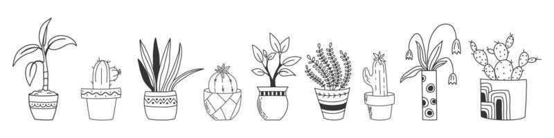 hand getrokken set kamerplanten geïsoleerd op een witte achtergrond. doodle stijl collectie potplanten. vector clipart voor plantenwinkel, social media post, voor scrapbooking en meer.