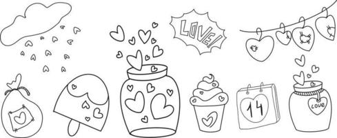 vector doodle zwart-wit hart, liefde, ijs, cake, vaartuig en slinger met hartjes