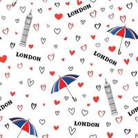 reizen Londen stad naadloze patroon met liefde harten en paraplu's. Brits oriëntatiepuntbehang. europese engeland vakantie achtergrond vector