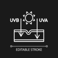 zoneffect op huid wit lineair pictogram voor donker thema. soorten ultraviolette stralen. schade door blootstelling aan de zon. dunne lijn illustratie. geïsoleerd symbool voor nachtmodus. bewerkbare streek. vector