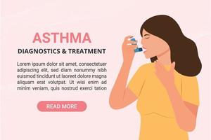 astma diagnostiek en behandeling banner met vrouw gebruikt een astma-inhalator tegen aanval. wereld astma dag. allergie, bronchiale astma. vector illustratie