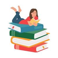 meisje ligt op stapel grote boeken met open boek in haar hands.literature fan. concept illustratie van verdienen, studeren op afstand. jonge vrouw studeren in bibliotheek, literaire club.vector illustratie vector