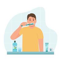 jonge man tanden poetsen. tandheelkundig dagelijks leven concept. mondhygiëne en gezondheidszorg. vector illustratie