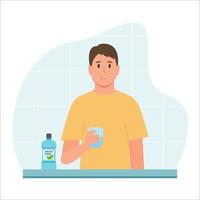 man spoelt zijn mond, met behulp van mondwater uit een glass.daily mondhygiëne routine. tandheelkundige gezondheid concept. vector illustratie