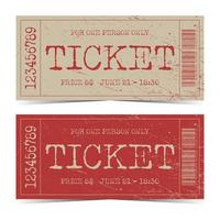retro of vintage ticketsjabloon of mockup met armoedige tekst op kraftpapier of rode achtergrond. vectorillustratie van evenement talon met streepjescode, nummer, prijs, datum en tijd. vector