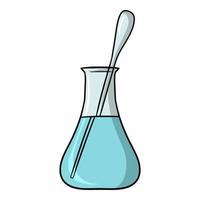 driehoekige glazen kolf met blauwe oplossing en maatlepel voor experimenten, cartoon vectorillustratie op een witte achtergrond vector