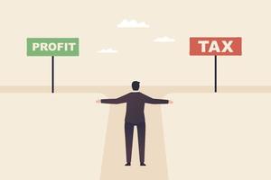 winsten en belastingen, ervoor kiezen om winst te innen of belasting te betalen. een zakenman staat op een kruispunt en moet kiezen tussen winst en belasting. vector