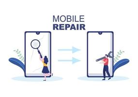 mobiele reparatie van een telefoon- of smartphone-elektronicaservice met gebroken scherm en machinestoring in platte cartoonillustratie vector