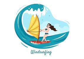 zomer windsurfen van watersportactiviteiten cartoon afbeelding met ritten op de ruisende golven of drijvend op paddle board in vlakke stijl vector