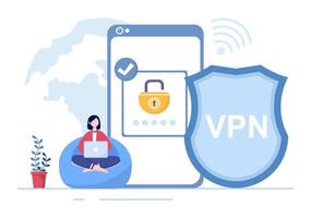 vpn of virtual private network service cartoon vectorillustratie om zijn persoonlijke gegevens op smartphone of computer te beschermen, cyberbeveiliging te beschermen en te beveiligen vector