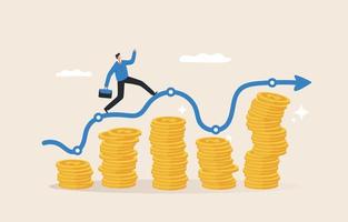 winstgevende groei. groei door te beleggen op de aandelenmarkt. een bedrijf of bedrijf laten groeien. zakenman springen op stijgende geld munt stapel. vector