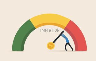 inflatieschatter of inflatiemeter. het vinden van een oplossing voor het inflatieprobleem. proces voor financieel crisisbeheer. zakenmaninvesteerder met inflatiemaat. vector