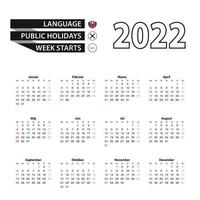 2022 kalender in de Slowaakse taal, week begint vanaf zondag. vector