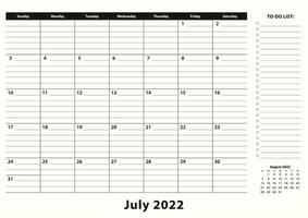 juli 2022 maandelijkse zakelijke bureaukalender. vector